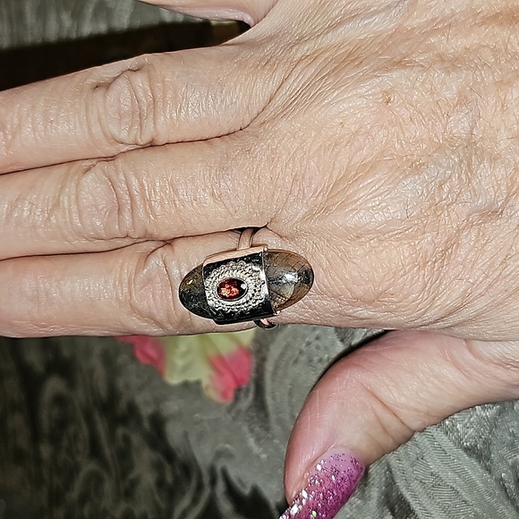 New Sterling Silver Chiastolite and garnet ring Size 9 - Picture 10 of 15